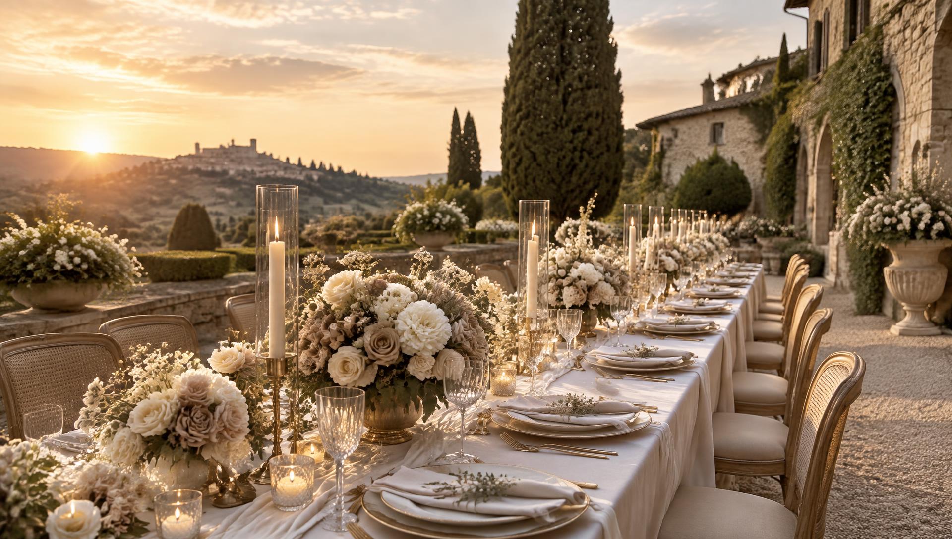 Candlelit wedding banquet table in a stone estate garden at golden hour